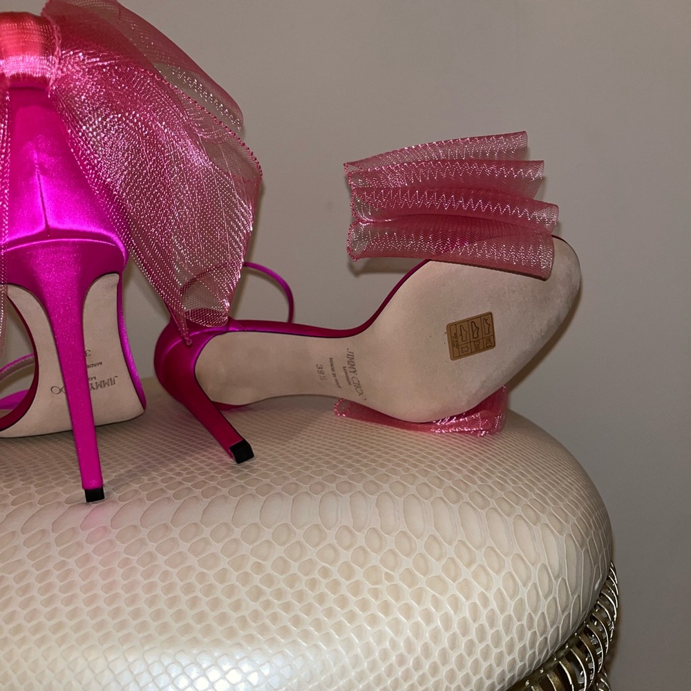 Jimmy Choo Pink Satin Heels with Bow - Picture 3 of 4